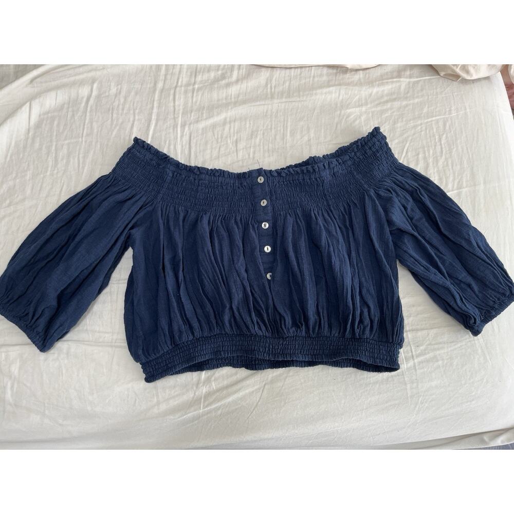 We The Free‎ Trendy Cropped Top Navy Blue Size Small L Puffed Sleeves Crinkled